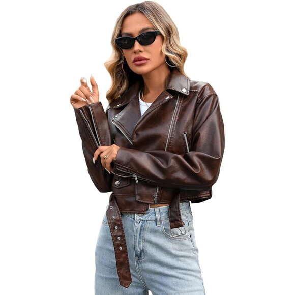 Jackets & Blazers - Women's Faux Leather Crop Jacket Lapel Zipper Biker Short Coat Deep Rust Brown